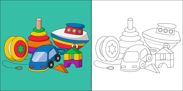 Vector colección de juguetes adecuados para la ilustración de vector de página para colorear de los niños