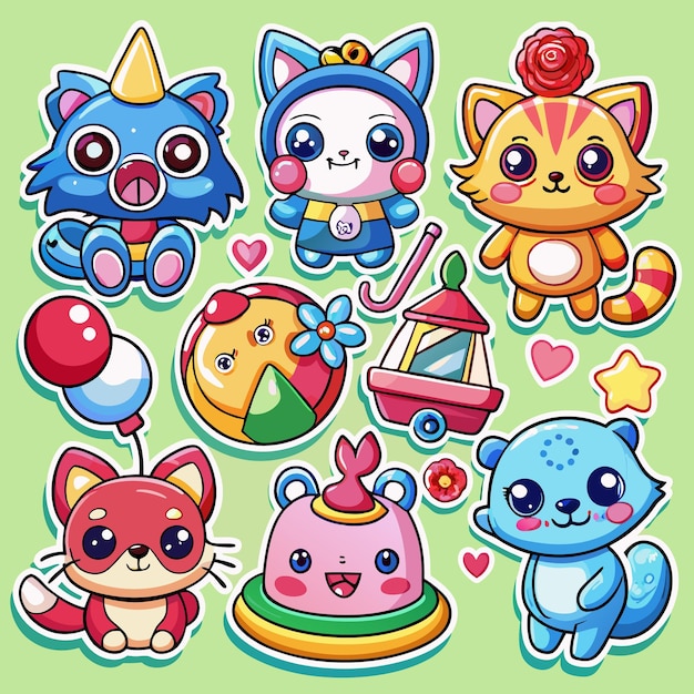 Una colección de juguetes de animales de dibujos animados y corazones en un fondo verde