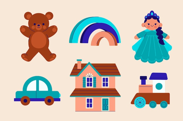 Colección de juguetes navideños planos dibujados a mano