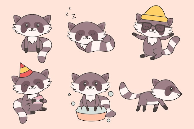 Colección Kawaii Funny Raccoon. Lindo personaje de dibujos animados de mapaches para bebé, guardería, diseño de niños. Felices los animales de los niños. Ilustración vectorial
