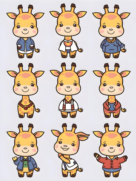 Colección Kawaii Giraffe Clipart 9 pegatinas lindas para el diseño de decoración