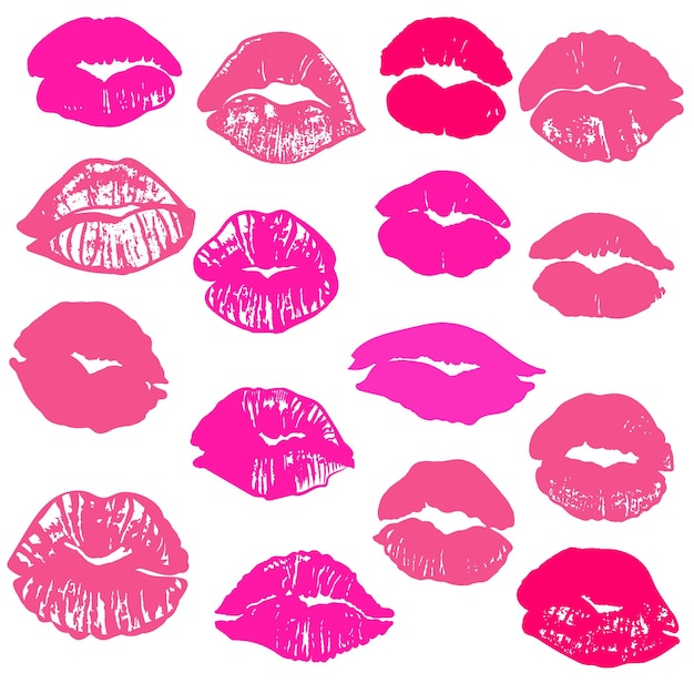 Colección de labios de besos vectoriales impresos en color rosa y rojo para el diseño