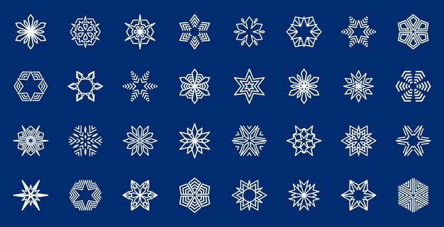 Colección de lagos de nieve vectoriales Conjunto de íconos de Nieve Elementos de diseño blancos sobre fondo azul Formas de estrellas incluidas