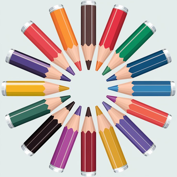 Vector una colección de lápices de colores dispuestos en un patrón radial que convergen hacia un punto central