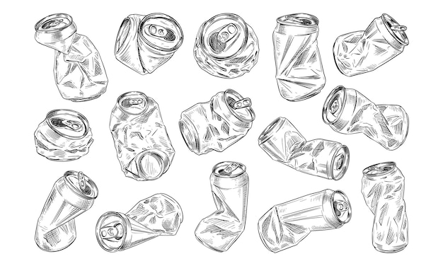 Colección de latas de refresco trituradas dibujadas a mano