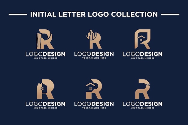 Colección de la letra inicial R con símbolos inmobiliarios Colección de diseños de logotipos de edificios