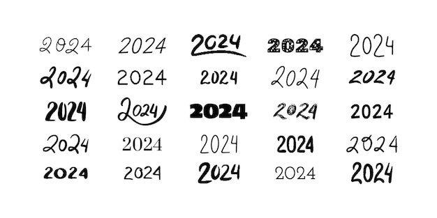 Colección de letras 2024 Conjunto de 2024 Feliz año nuevo símbolos dibujados a mano Número plantilla logotipo cartel diseño de tarjeta de felicitación