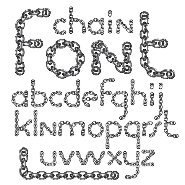Colección de letras del alfabeto inglés vectorial. Fuente creativa en minúsculas hecha con eslabón de cadena de acero, eslabón unido.