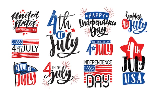 Colección de letras del Día de la Independencia de Estados Unidos escritas con fuentes caligráficas artísticas y decoradas. Conjunto de inscripciones de vacaciones escritas a mano aisladas sobre fondo blanco. ilustración vectorial