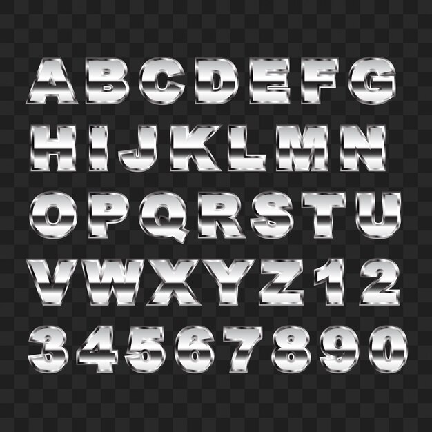 Colección de letras y números del alfabeto en mayúsculas de estilo metálico brillante