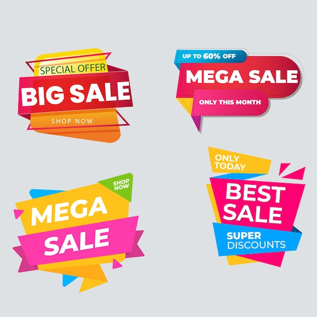 una colección de letreros coloridos para una gran venta
