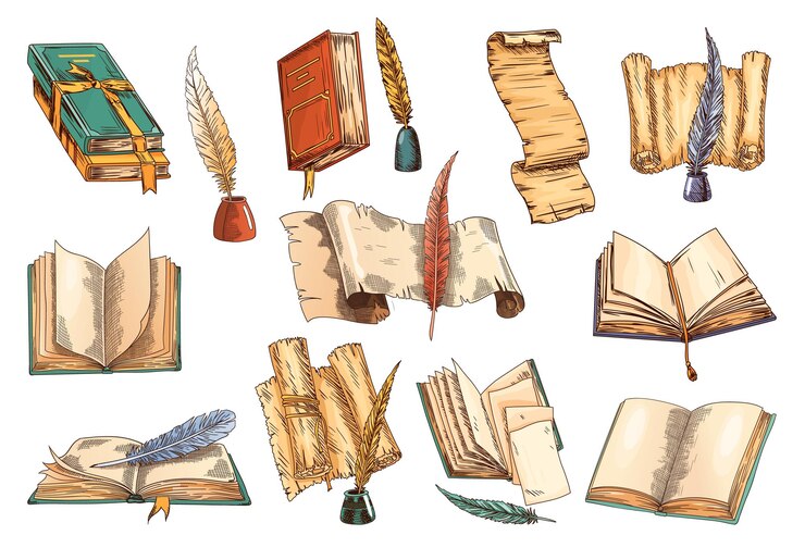 Vector colección de libros antiguos y plumas antiguas con botella de tinta conjunto de símbolo de icono de educación y sabiduría ilustración vectorial para el diseño de temas de educación y literatura elementos de diseño de biblioteca vintage
