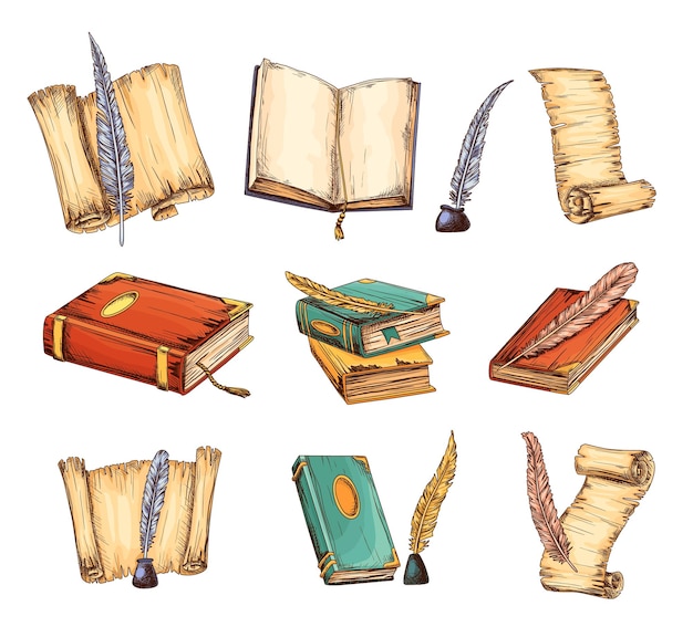 Colección de libros antiguos y plumas antiguas Concepto de educación y sabiduría Iconos vectoriales para el diseño de temas de educación y literatura Libros antiguos e iconos de plumas