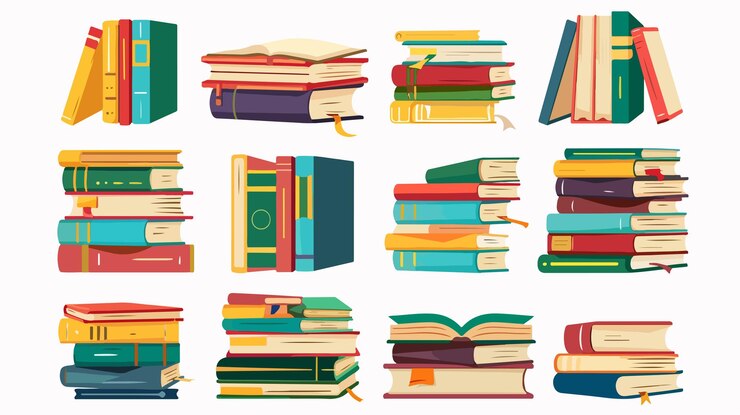 Vector una colección de libros, incluido uno que tiene un libro verde en la parte inferior