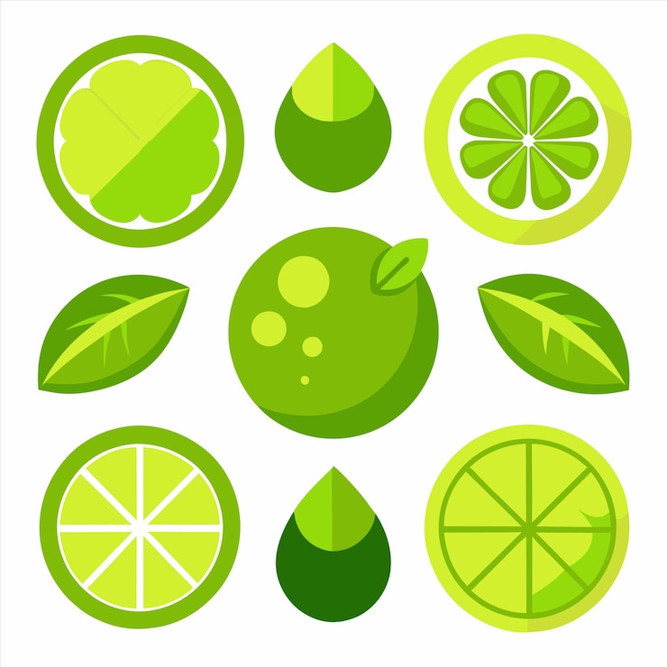 Vector una colección de limas y limas con un fondo verde
