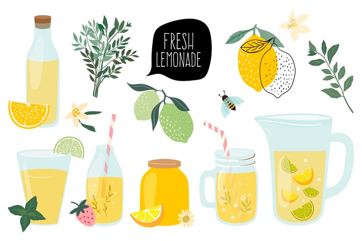 Vector colección de limonada fresca de verano con diferentes elementos aislados en blanco