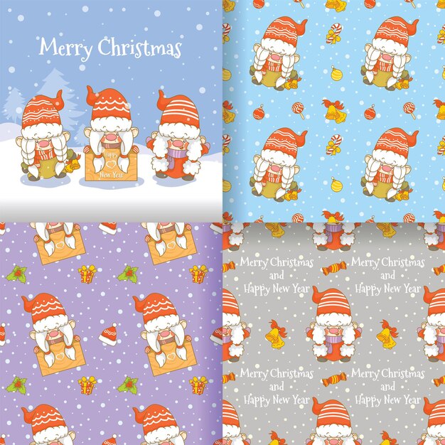 colección de linda chica gnomo con conjunto de patrones sin fisuras saludo de navidad y feliz año nuevo