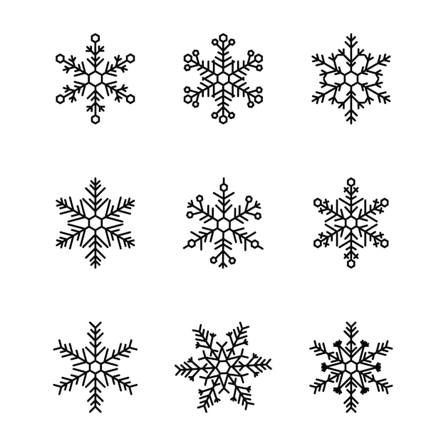 Colección linda de los copos de nieve aislada en el fondo blanco. Iconos de nieve de línea de diseño plano, silueta. Elemento de vector para banner de Navidad, tarjeta, diseños de Navidad, conceptos de clima de invierno. Adorno de año nuevo.