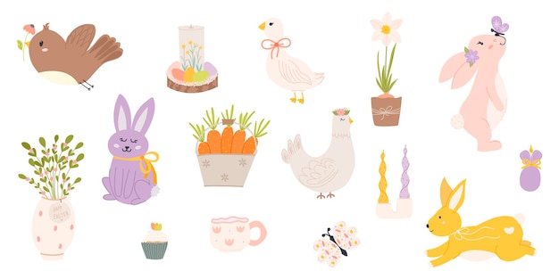 Colección linda dibujada a mano de elementos de Pascua Bunny flores de zanahoria vela pollo ganso mariposa narcisos diseño encantador para tarjetas de decoración clipart scrapbooking
