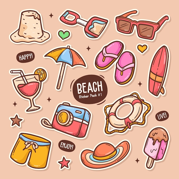 Colección linda de la etiqueta engomada del vector del Doodle de la playa