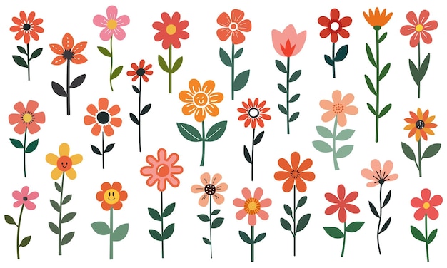 Colección linda de flores de dibujos animados planas en colores brillantes Iconos florales simples