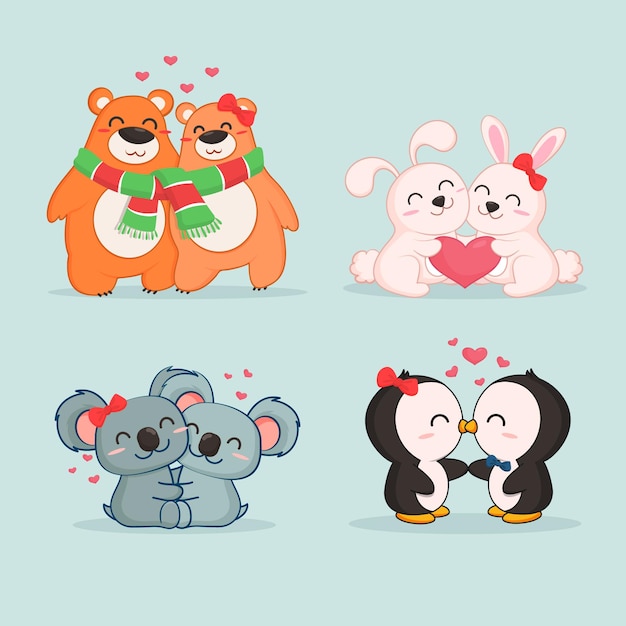 Colección linda pareja de animales del día de san valentín