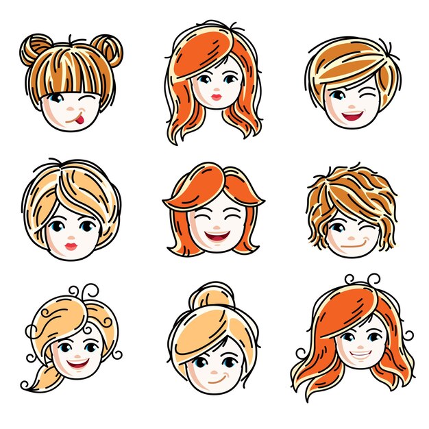 Colección de lindas caras de chicas sonrientes que expresan emociones positivas, ilustraciones vectoriales de cabeza humana. Conjunto de adolescentes pelirrojas y rubias con hermosos rasgos faciales, imágenes prediseñadas.