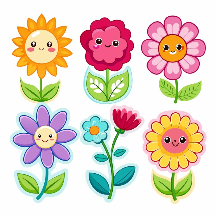 Vector colección de lindas flores de dibujos animados con caras sonrientes