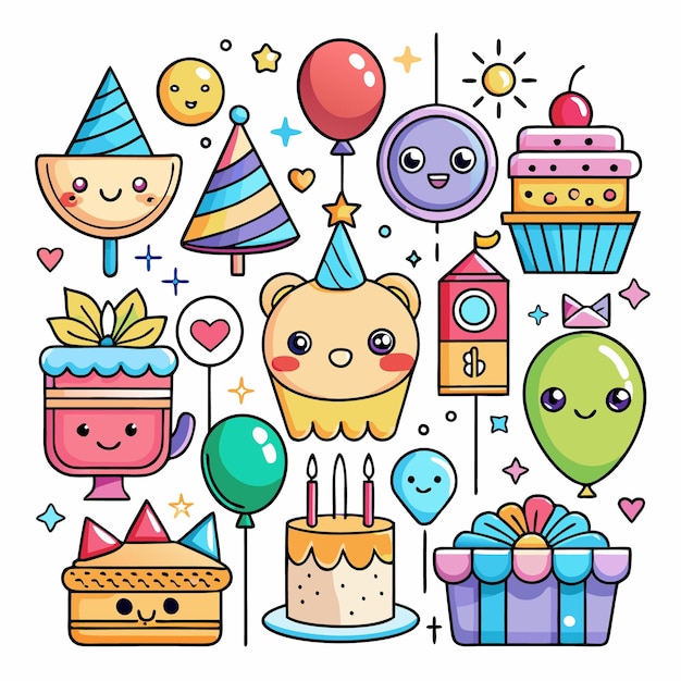 Una colección de lindas ilustraciones al estilo de dibujos animados que celebran una ocasión festiva Las imágenes incluyen globos estrellas fuegos artificiales un pastel y otros artículos de celebración