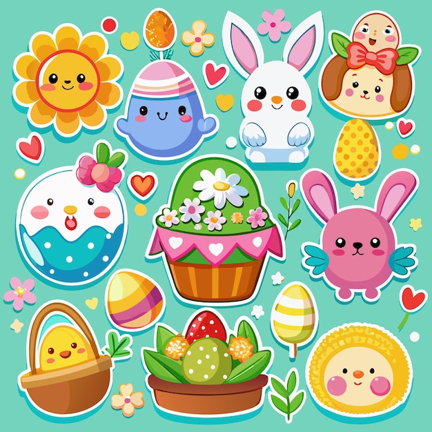 Una colección de lindas ilustraciones con temas de Pascua que incluyen conejitos, pollitos, huevos, flores y cestas.