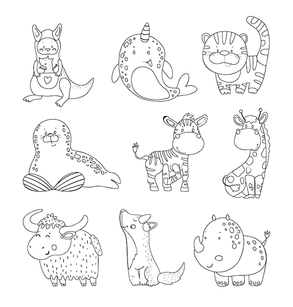 Colección de lindas ilustraciones vectoriales lineales en blanco y negro para libros y páginas para colorear para niños con animales, pájaros, peces y otros