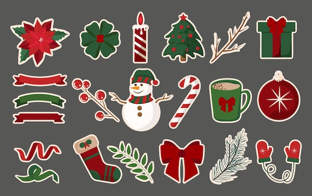 Colección de lindas pegatinas planas de Navidad Elementos brillantes minimalistas para una feliz Navidad