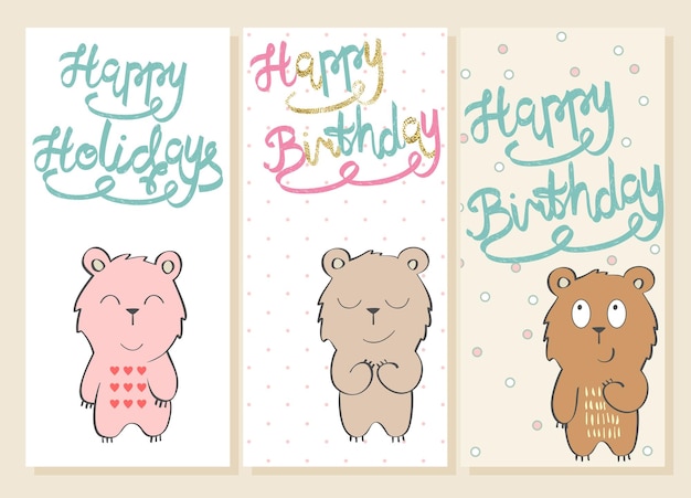 Colección de lindas tarjetas artísticas para niños teddy en tarjeta de felicitación vectorial para cumpleaños