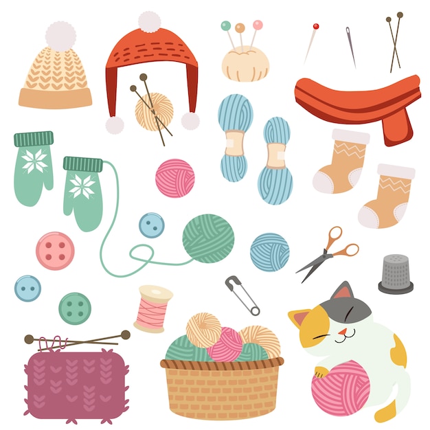 La colección de lindo conjunto de tejer. tenga un ovillo de hilo en la canasta grande y la bufanda y el gorro de invierno y el guante y el calcetín en conjunto. El personaje de lindo gato jugando con un hilo en estilo vector plano.