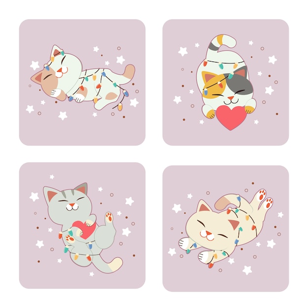 Colección de lindo gato con bombilla. lindo gato durmiendo en el suelo con bombilla y estrellas