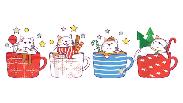 Colección de lindo gato en taza de bebida de Navidad café o té con estilo de dibujos animados de garabato