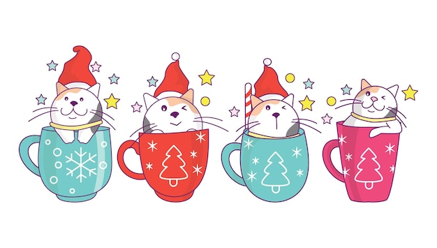 Colección de lindo gato en taza de bebida de Navidad café o té con estilo de dibujos animados de garabato