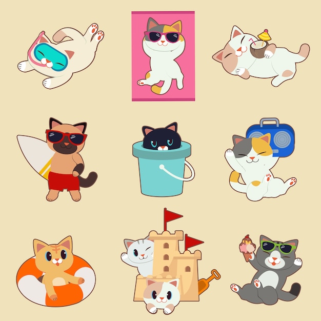 La colección de lindo gato en el tema del verano. el personaje del lindo gato usa gafas impermeables y gafas de sol y baños de sol con coco y tabla de surf y tanque y radio y banda rabber.