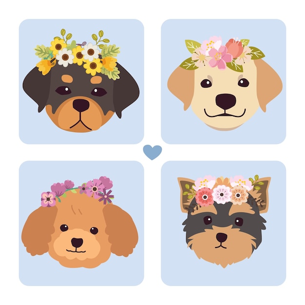 Vector la colección de lindo perro con una corona de flores en el fondo azul.