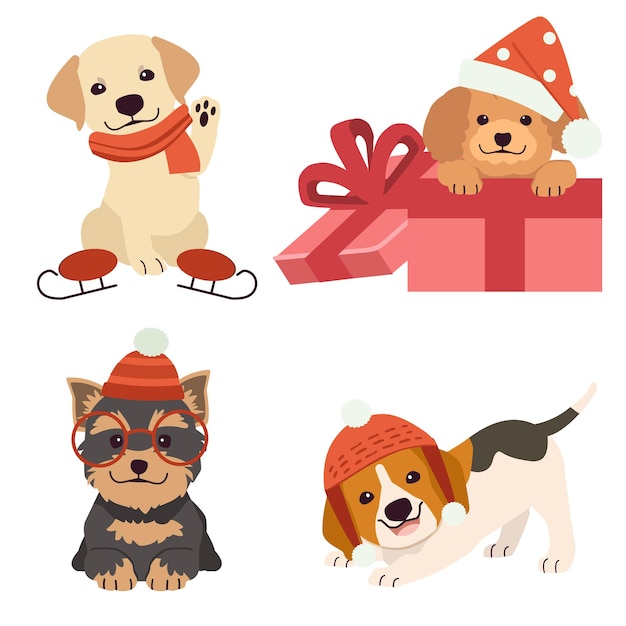 Vector colección de lindo perro para navidad y vacaciones en estilo vector plano.