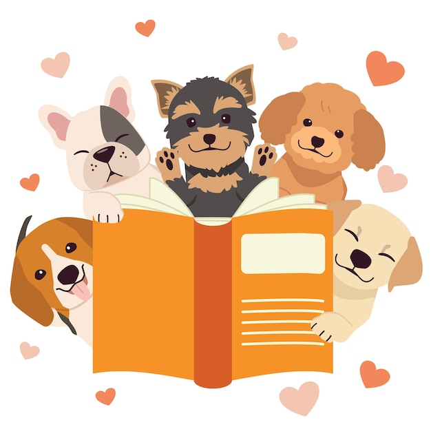 La colección de lindo perro con tema de lectura de amor en estilo de vector plano