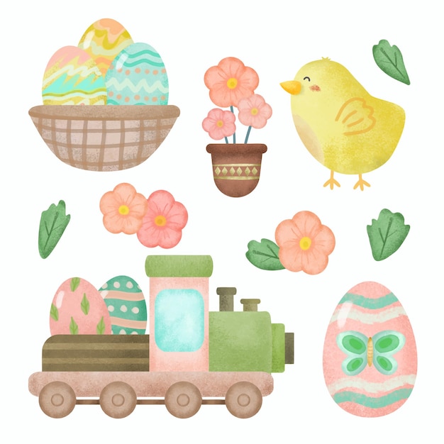 Colección de lindo pollito de conejo y huevos animal encantador en personaje de dibujos animados varios estilos para diseñador gráfico tarjeta de felicitación de pascua feliz ilustración vectorial