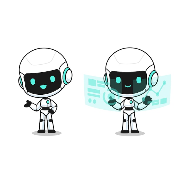 Vector colección de lindo robot en muchas acciones, personaje de mascota kawaii para ejemplares