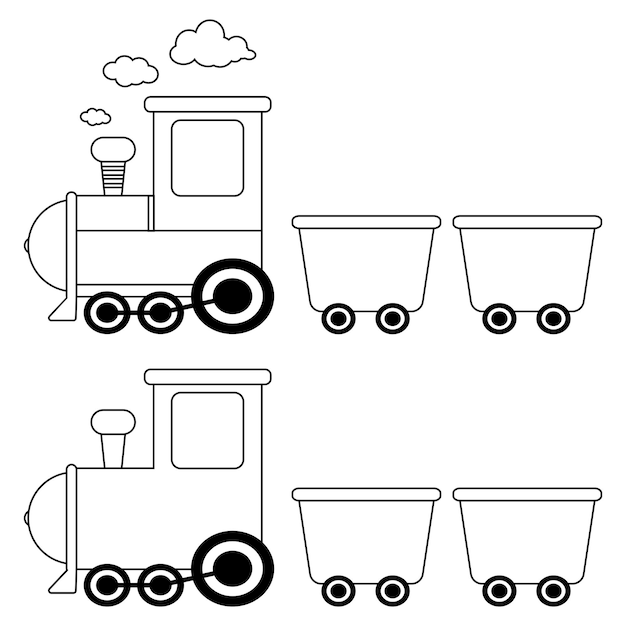 La colección de lindo tren en contorno y estilo de vector de arte de línea.