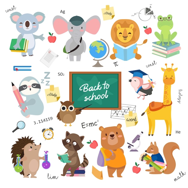 Colección de lindos animales bebés de regreso a la escuela