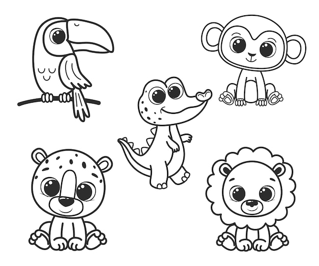 Una colección de lindos animales de dibujos animados. Ilustración de vector de blanco y negro para un libro para colorear. Dibujo de contorno.