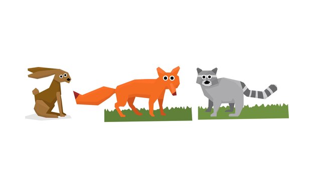 Colección de lindos animales geométricos liebre zorro mapache vector ilustración aislada sobre fondo blanco