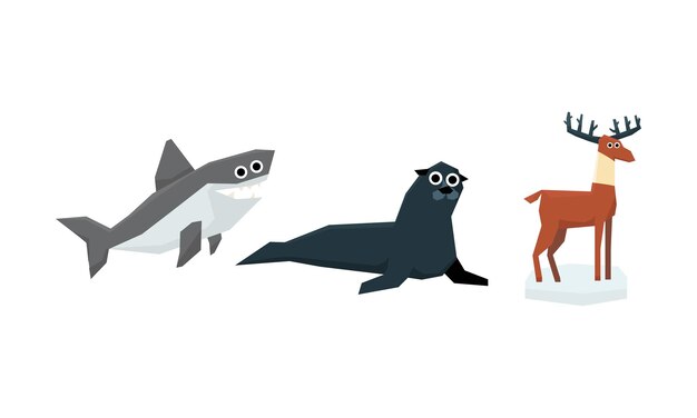 Colección de lindos animales geométricos tiburón lobo marino alce vector ilustración aislada sobre fondo blanco