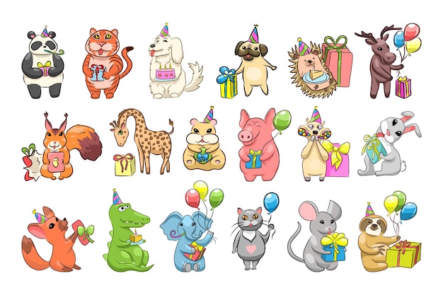 Colección de lindos animales con regalos y globos. Ilustraciones de cumpleaños.