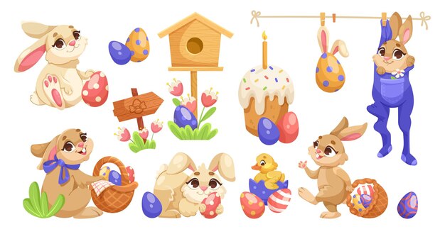 Colección de lindos conejitos de Pascua con huevos coloridos, pastel de casa de pájaros y flores Ilustración vectorial sobre fondo blanco Concepto de Pascua Ilustración vectoral